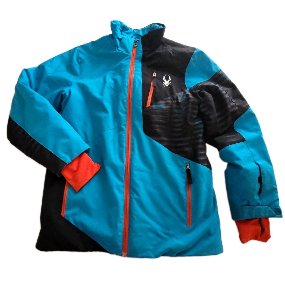 Spyder Boys Size 16 Ski Jacket Blue Black Orange Snowboard Coat Removable Hood